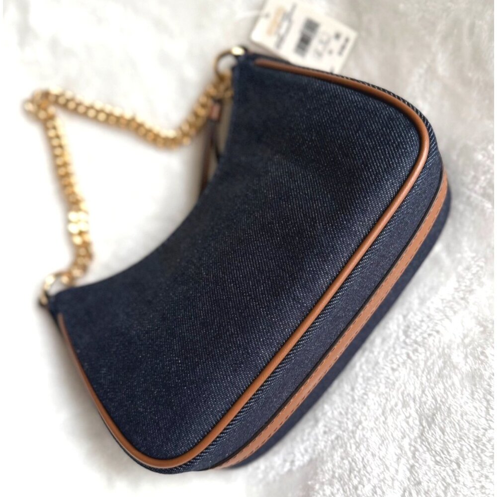 NWT‎ Michael Kors $198 Jet Set Charm Small Denim Pochette handbag gold chain - Picture 5 of 11